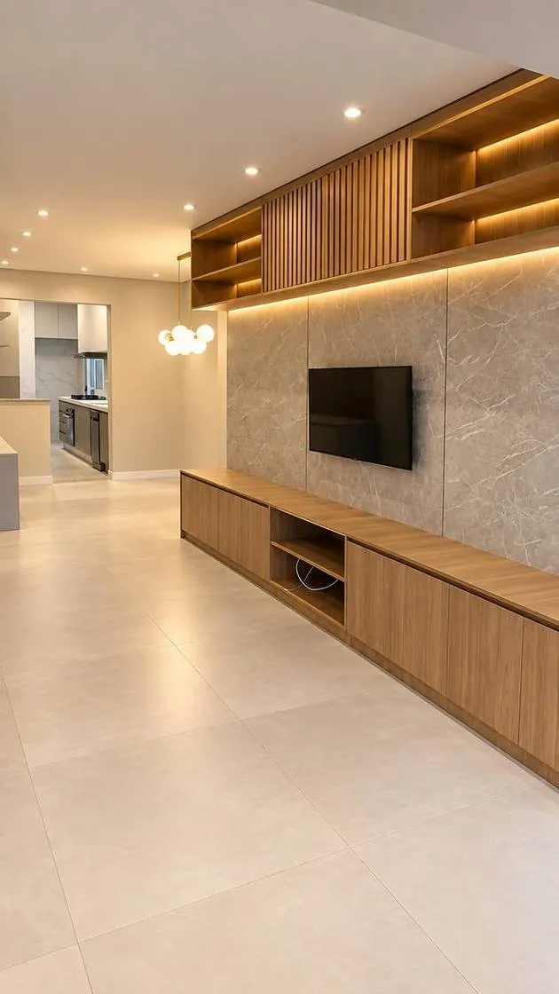 Sala de apartamento reformada com marcenaria sob medida e painel de TV